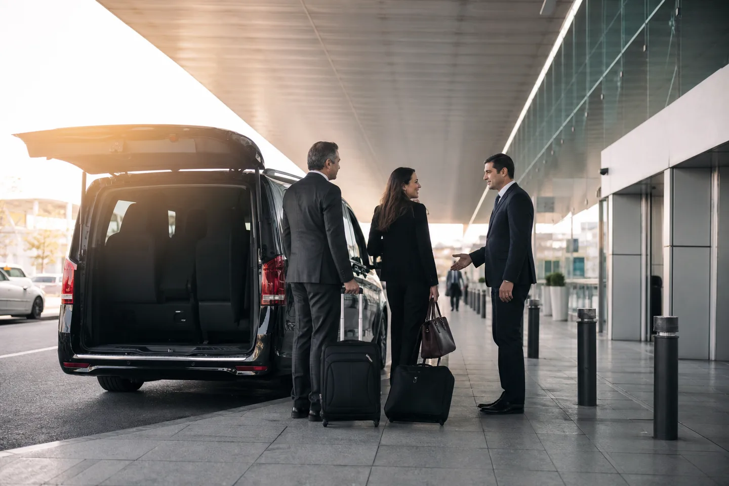 A professional driver assisting travellers beside an executive vehicle in Peru.